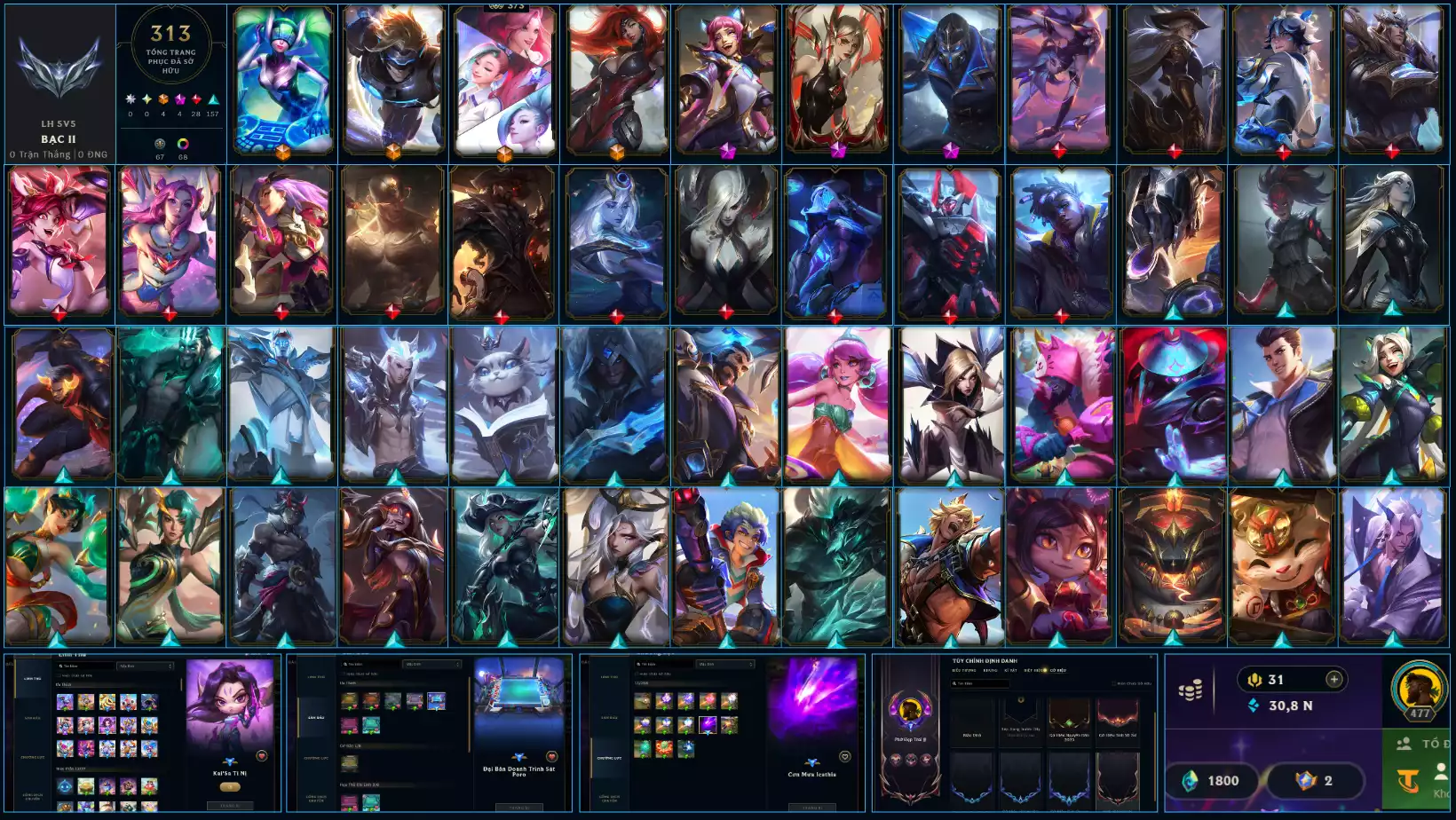 LOL ĐẸP Rank Bạc 2  - Rất Nhiều Khung Đẹp 313 Skin - Lv 477 - Full Tướng - Nhiều Hàng Hiệu Đa Sắc 69- Còn Đổi Tên TFT - Đủ Chơi Thông Tin Hỗ Trợ Đầy Đủ - Bảo Hành 100%